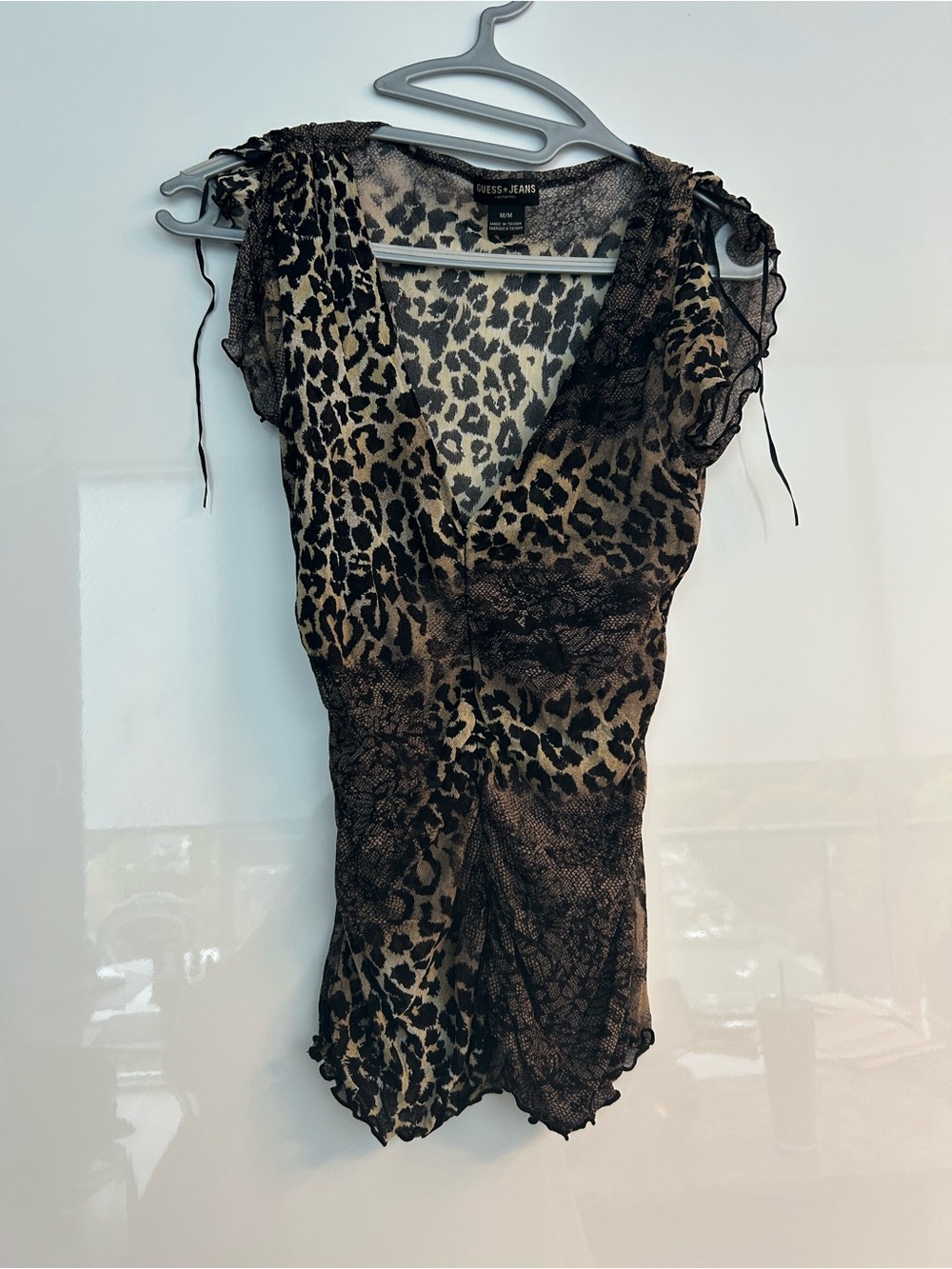 Vintage Y2K Guess Women's Leopard Print V-Neck Top - Brown/Black